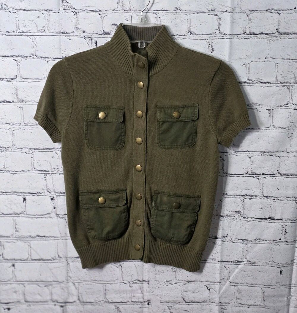 Lauren Ralph Lauren Women's Petite Green Short Sleeve Military Utility Cardigan